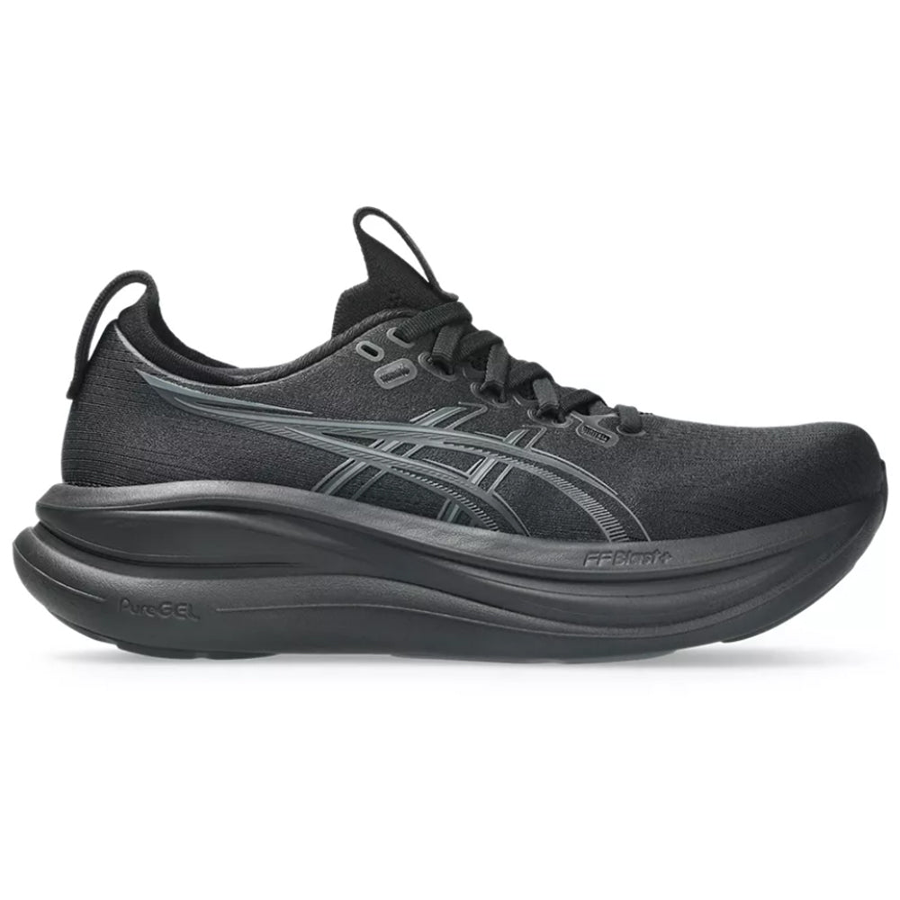 Side view on white background of Womens Asics Gel-Nimbus running shoe in Black/Graphite Grey, Medium (Regular) width