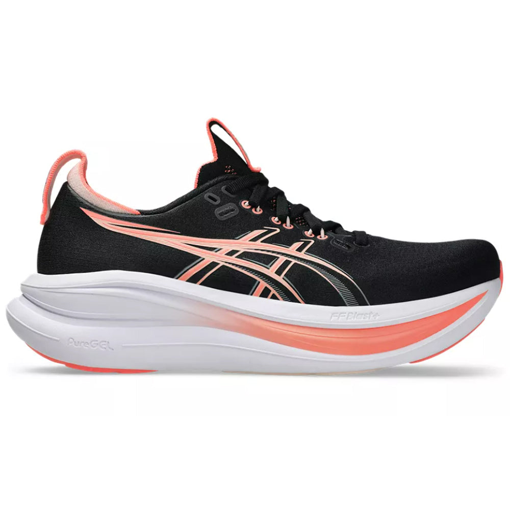 Side view on white background of Womens Asics Gel-Nimbus running shoe in Black/Pearl Pink, Medium (Regular) width