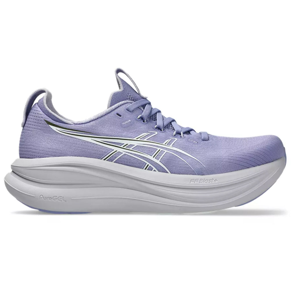 Side view on white background of Womens Asics Gel-Nimbus running shoe in Bluebell/White, Medium (Regular) width