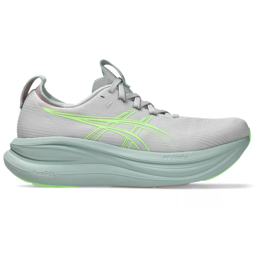 Side view on white background of Womens Asics Gel-Nimbus running shoe in Cloud Grey/Illuminate Green, Medium (Regular) width