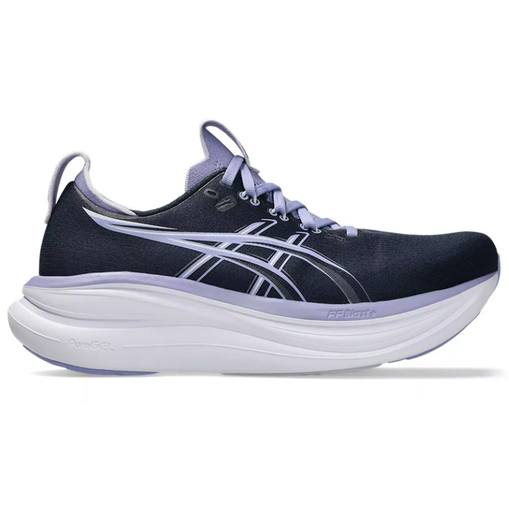 Side view on white background of Womens Asics Gel-Nimbus running shoe in Midnight/Bluebell, Medium (Regular) width