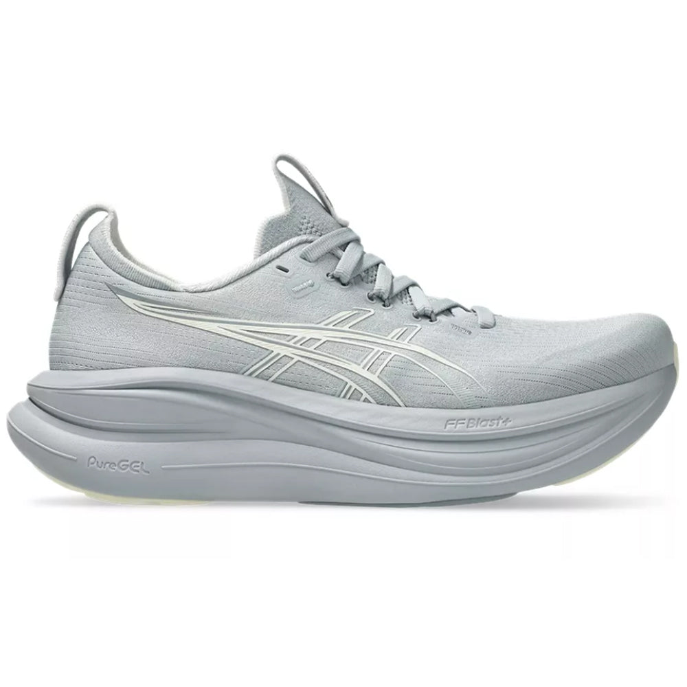 Side view on white background of Womens Asics Gel-Nimbus running shoe in Piedmont Grey/Cream, Medium (Regular) width