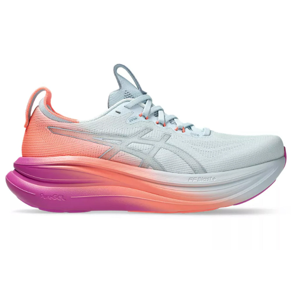 Side view on white background of Womens Asics Gel-Nimbus running shoe in Sky/Digital Sakura, Medium (Regular) width