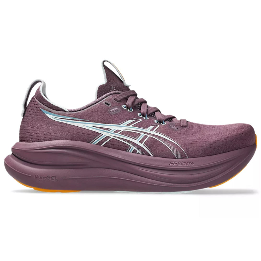 Side view on white background of Womens Asics Gel-Nimbus running shoe in Velvet Purple/Arctic Blue, Medium (Regular) width