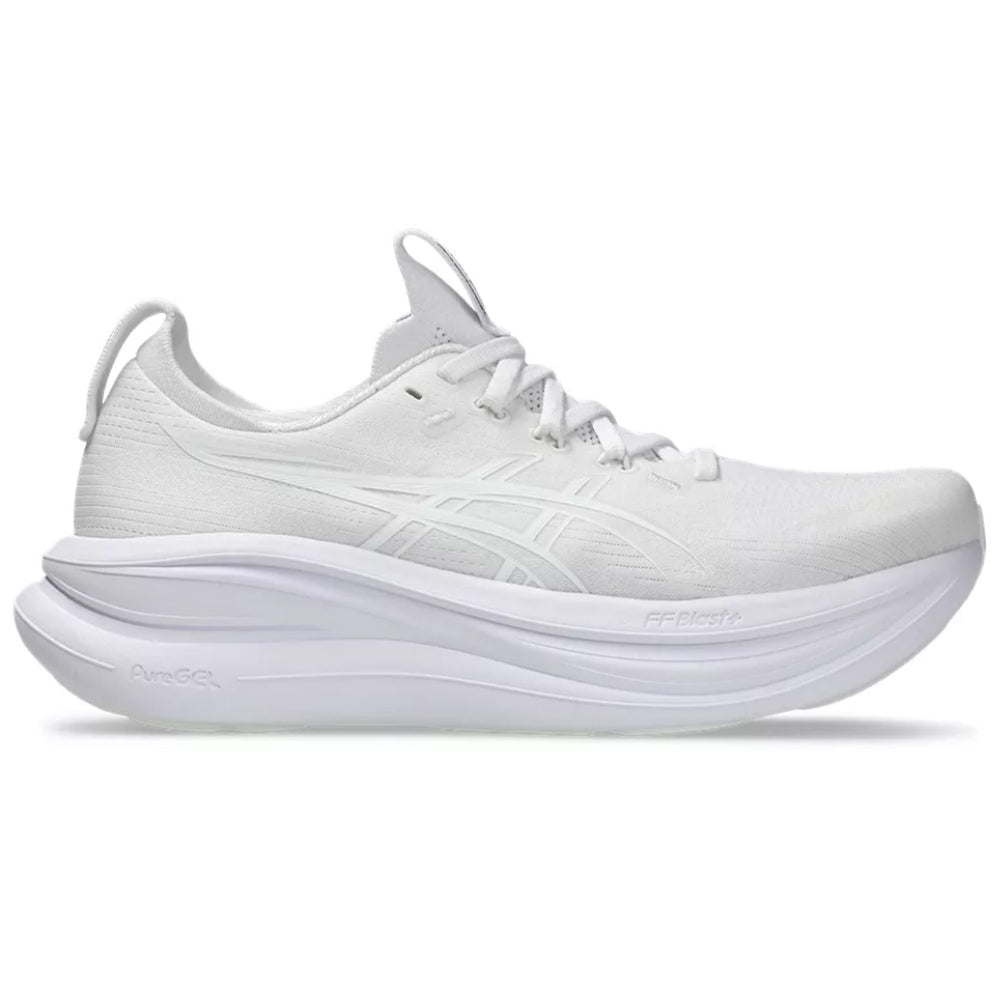 Side view on white background of Womens Asics Gel-Nimbus running shoe in White/White, Medium (Regular) width