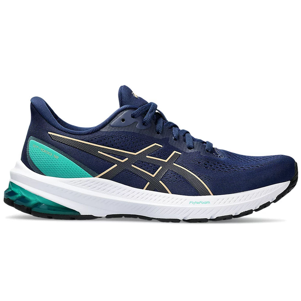 Side view on white background of Womens Asics GT-1000 running shoe in Blue Expanse/Champagne, Medium (Regular) width