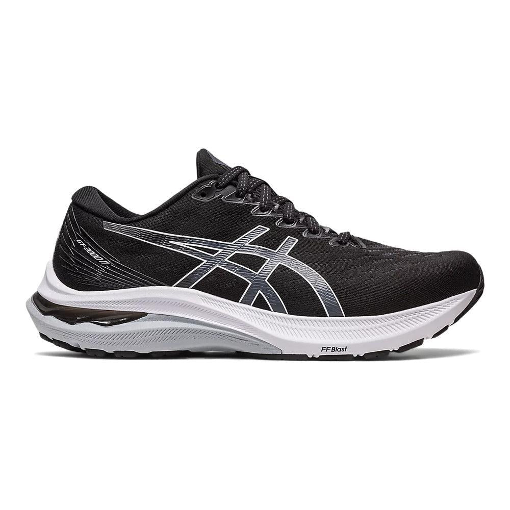Side view on white background of Womens Asics GT-2000 running shoe in Black/White, Narrow width