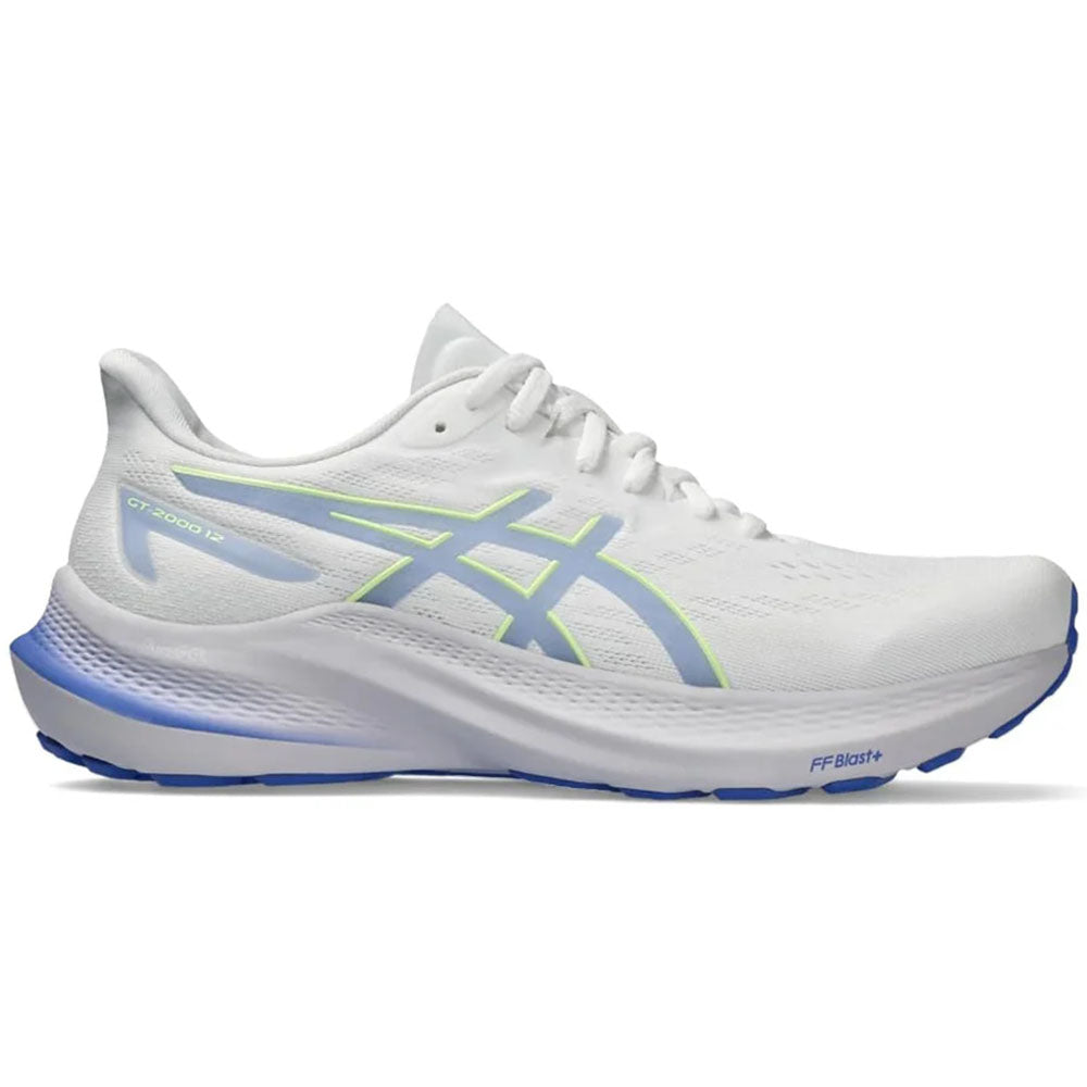 Side view on white background of Womens Asics GT-2000 running shoe in White/Sapphire, Wide width