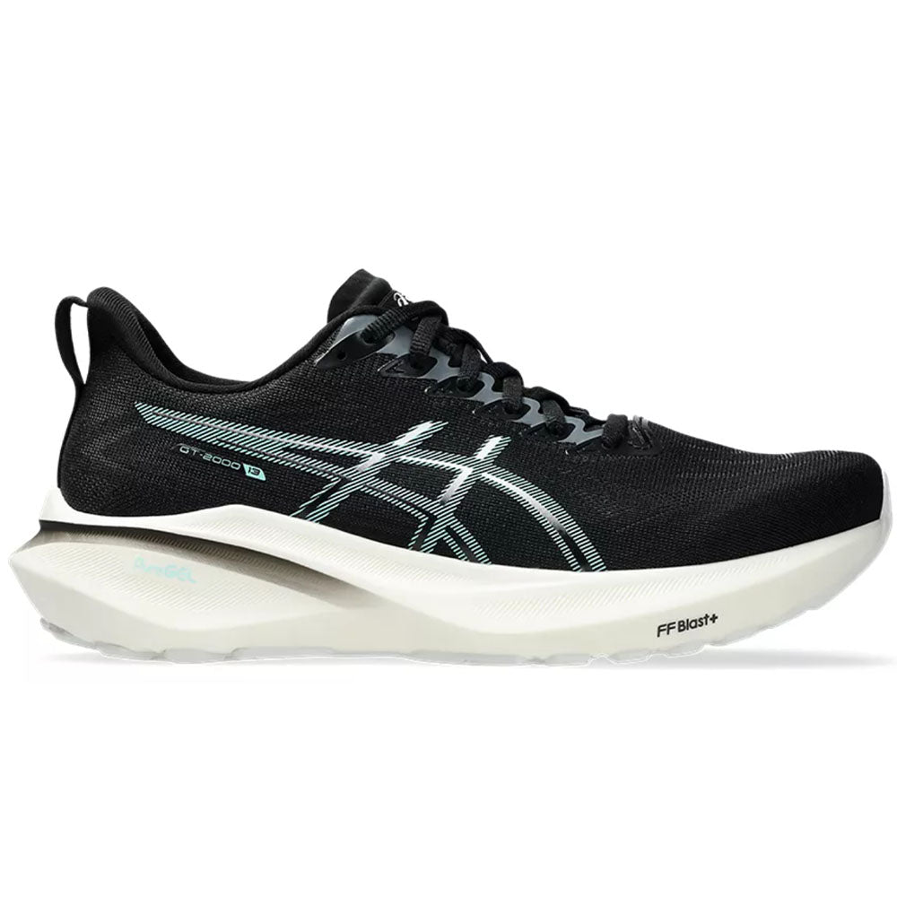 Side view on white background of Womens Asics GT-2000 running shoe in Black/Illuminate Mint, Medium (Regular) width