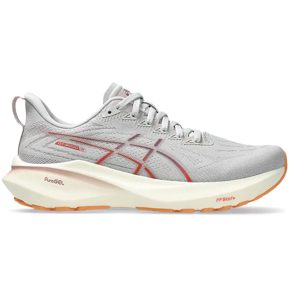 Side view on white background of Womens Asics GT-2000 running shoe in Concrete/Watershed Rose, Wide width