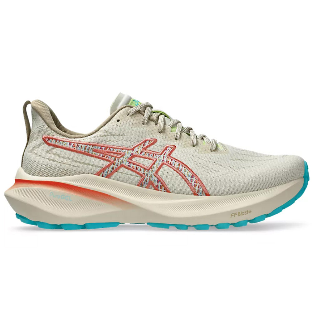 Side view on white background of Womens Asics GT-2000 running shoe in Nature Bathing/Guava, Medium (Regular) width