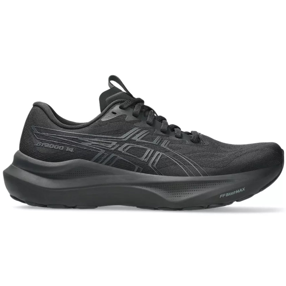 Side view on white background of Womens Asics GT-2000 14 running shoe in Black/Graphite Grey, Medium (Regular) width
