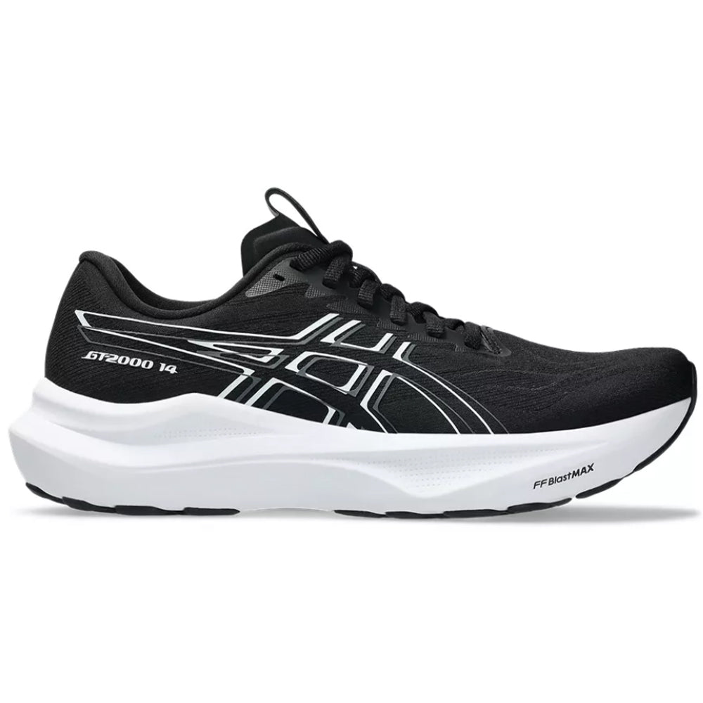 Side view on white background of Womens Asics GT-2000 running shoe in Black/White, Medium (Regular) width