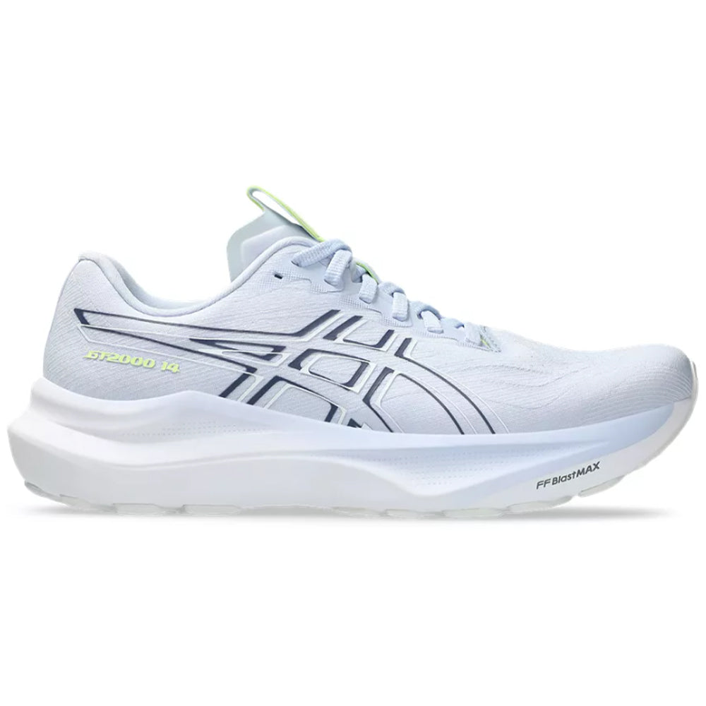 Side view on white background of Womens Asics GT-2000 running shoe in Blue Fade/Indigo Fog, Medium (Regular) width