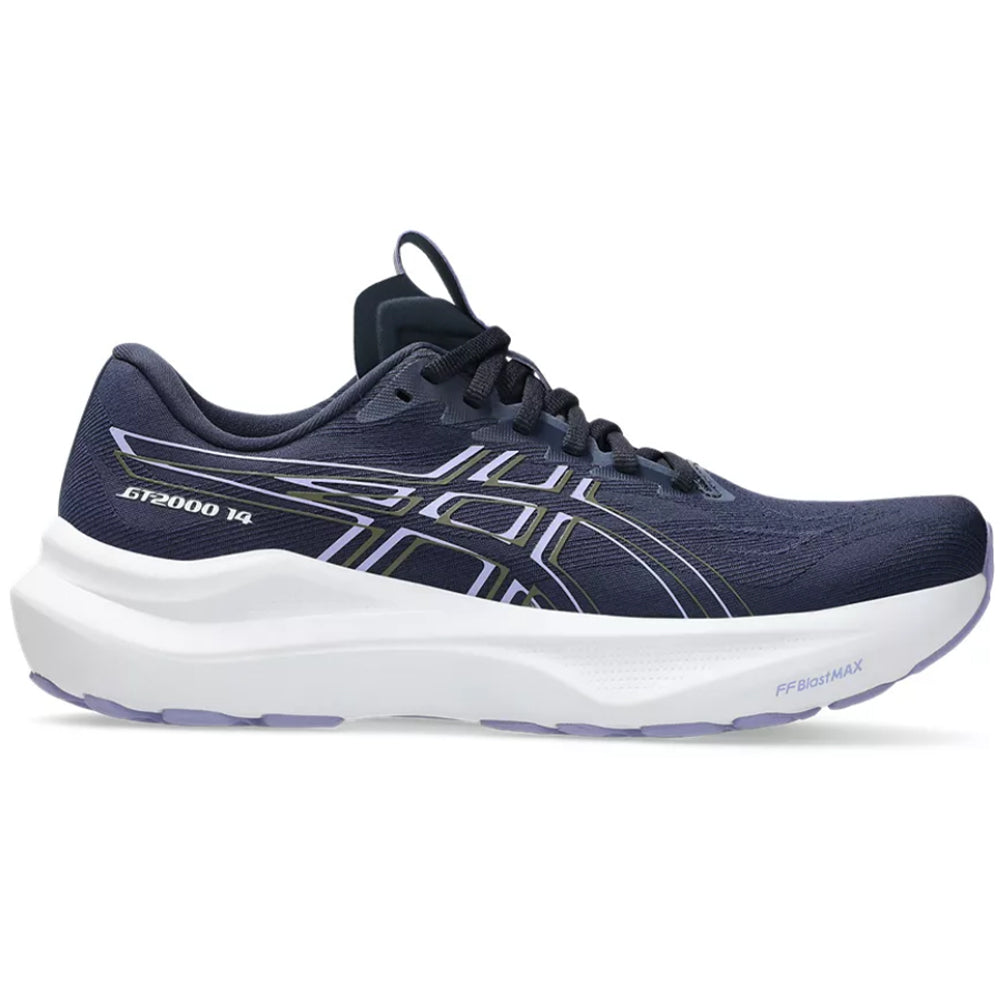 Side view on white background of Womens Asics GT-2000 running shoe in Midnight/Bluebell, Medium (Regular) width