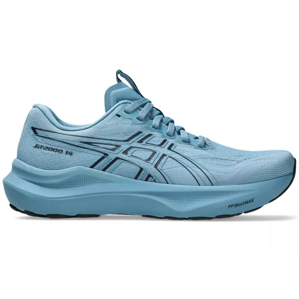 Side view on white background of Womens Asics GT-2000 running shoe in Saba Blue/Midnight, Medium (Regular) width
