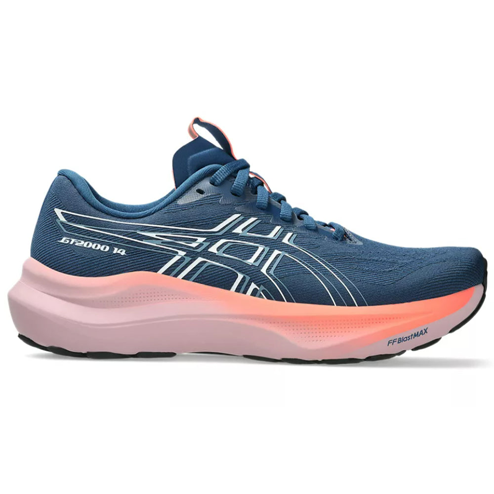 Side view on white background of Womens Asics GT-2000 running shoe in Twilight Blue/White, Medium (Regular) width