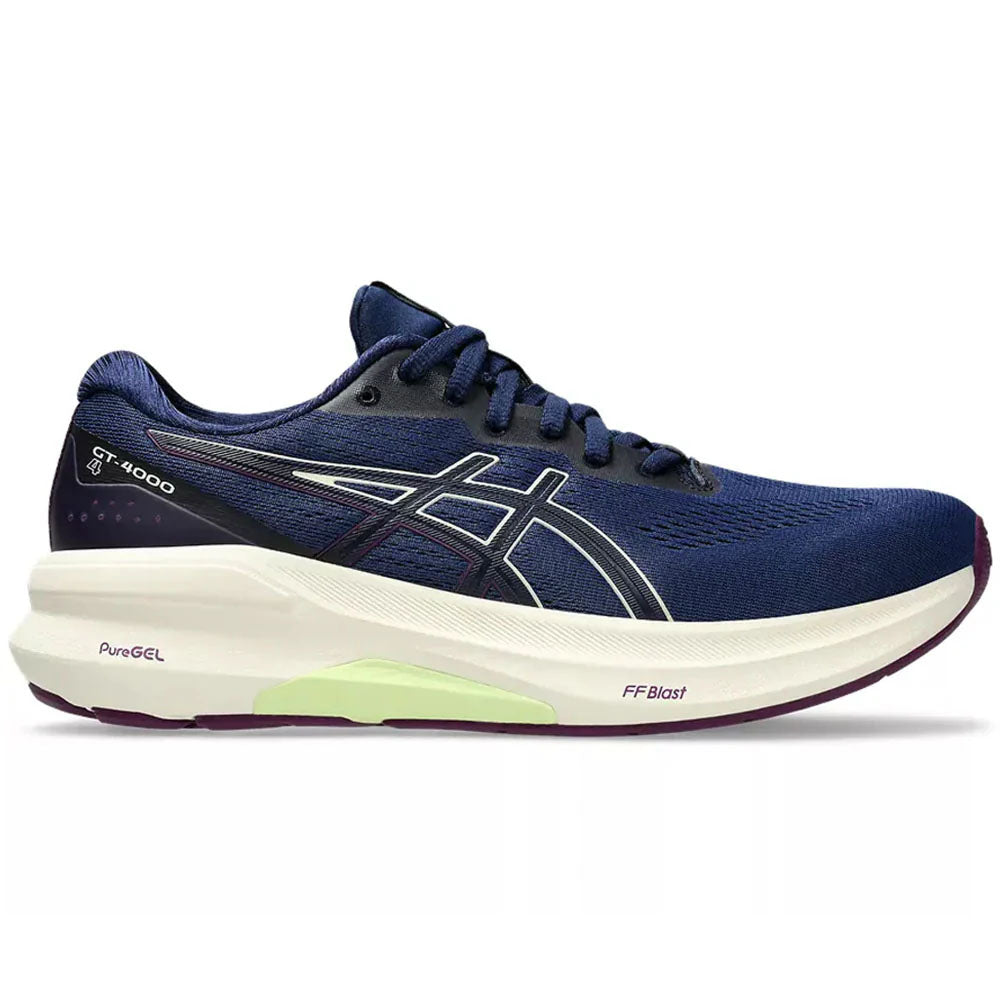 Side view on white background of Womens Asics GT-4000 running shoe in Blue Expanse/Birch, Medium (Regular) width