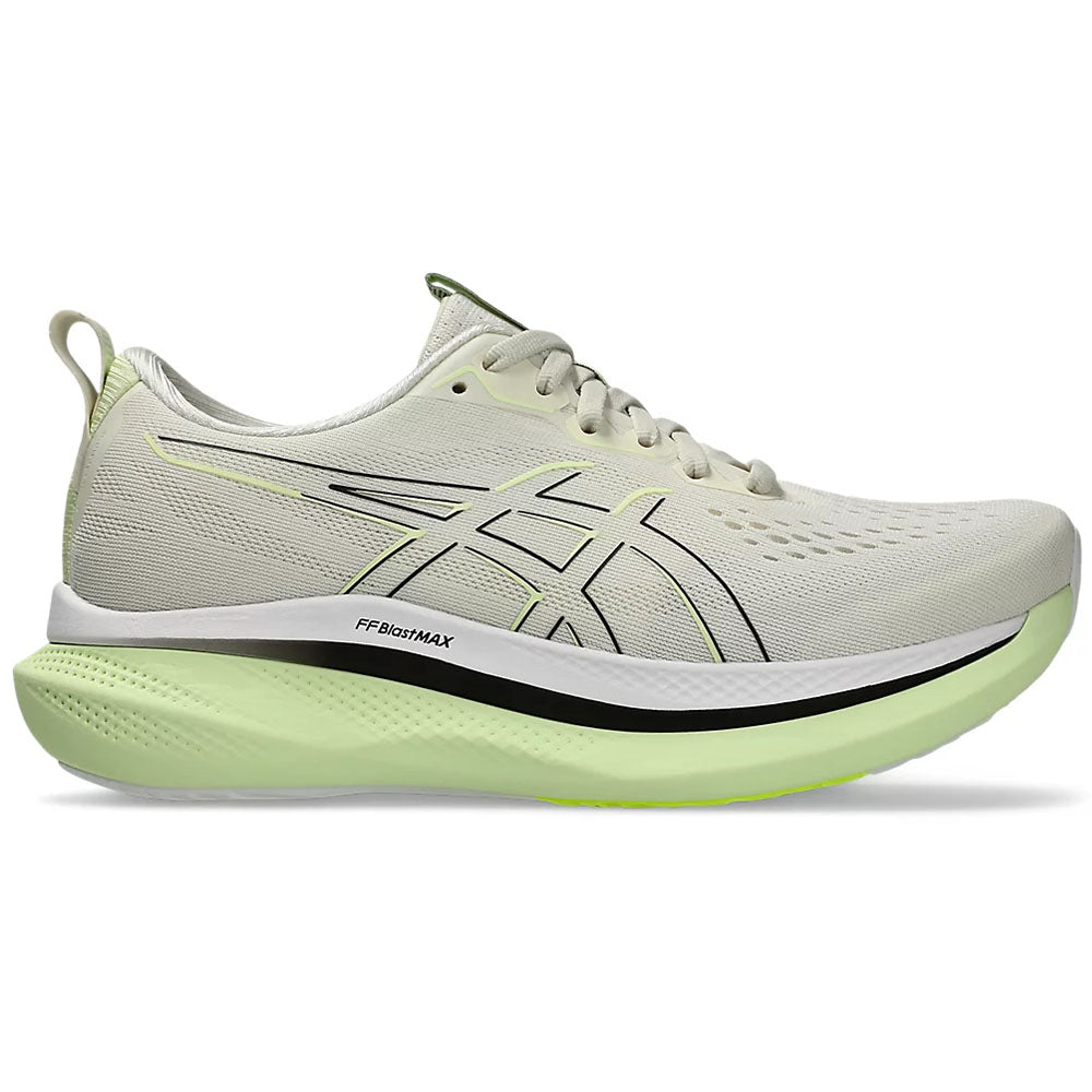 Side view on white background of Womens Asics Glideride running shoe in Birch/Black, Medium (Regular) width
