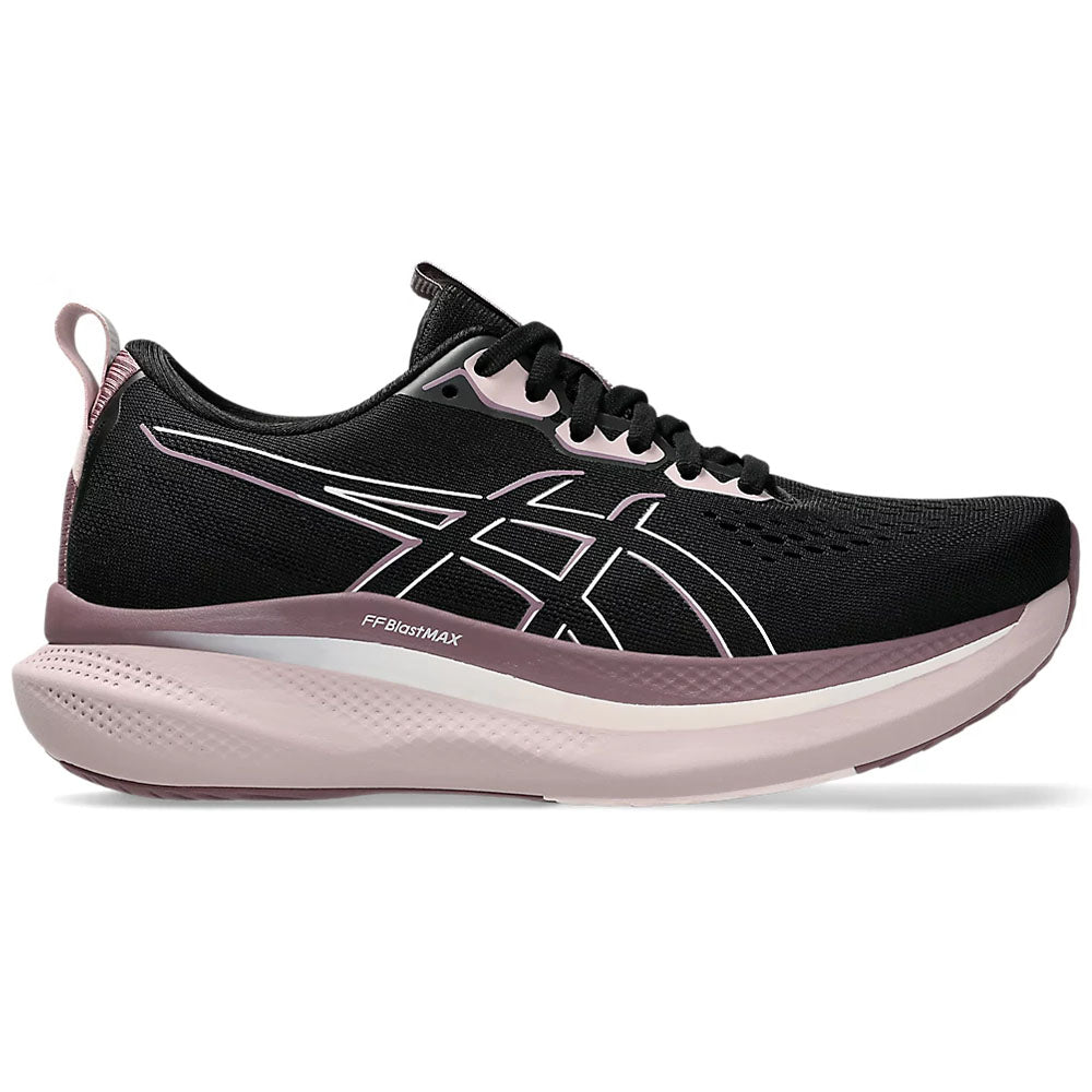 Side view on white background of Womens Asics Glideride running shoe in Black/Pale Pink, Medium (Regular) width