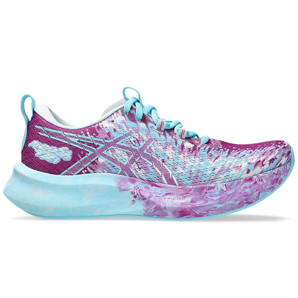 Side view on white background of Womens Asics Noosa Tri running shoe in Bold Magenta/Cool Grey, Medium (Regular) width