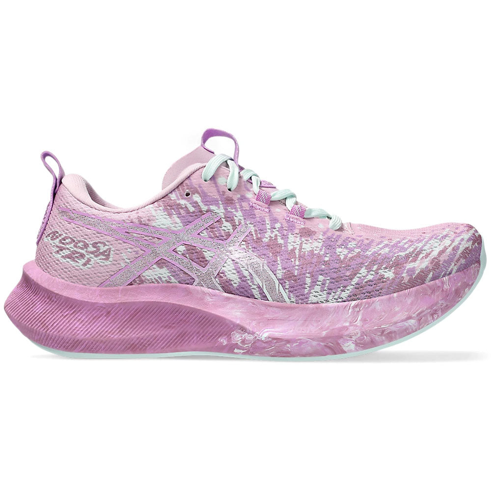Side view on white background of Womens Asics Noosa Tri running shoe in Light Ube/Lavender Glow, Medium (Regular) width