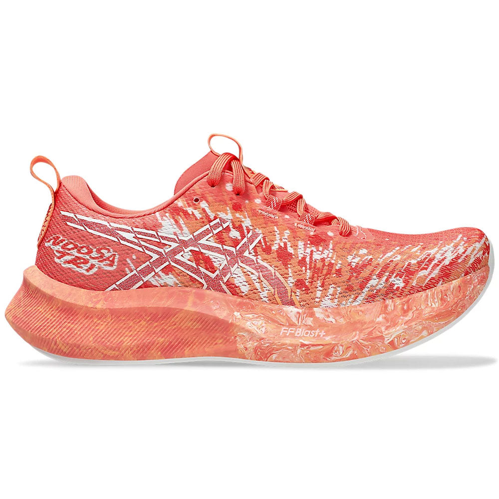 Side view on white background of Womens Asics Noosa Tri running shoe in Papaya/Mojave, Medium (Regular) width