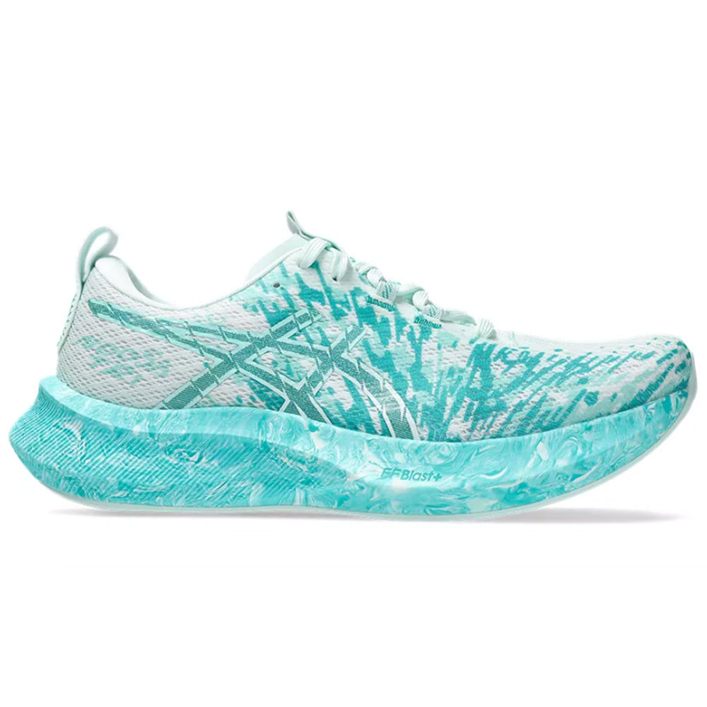 Side view on white background of Womens Asics Noosa Tri running shoe in Soothing Sea/White, Medium (Regular) width