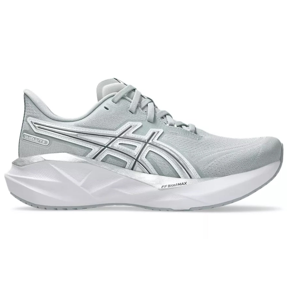 Side view on white background of Womens Asics Novablast running shoe in Piedmont Grey/Pure Silver, Medium (Regular) width