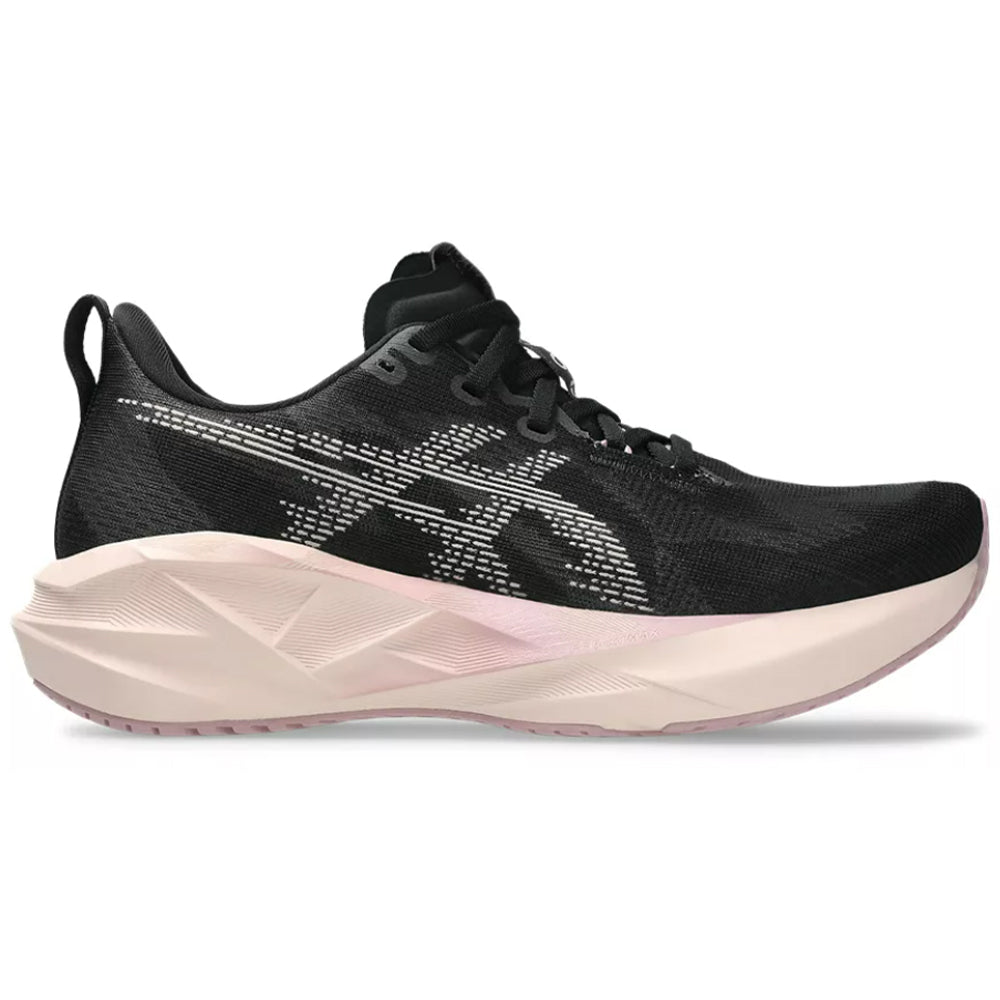 Side view on white background of Womens Asics Novablast running shoe in Black/Pearl Pink, Medium (Regular) width