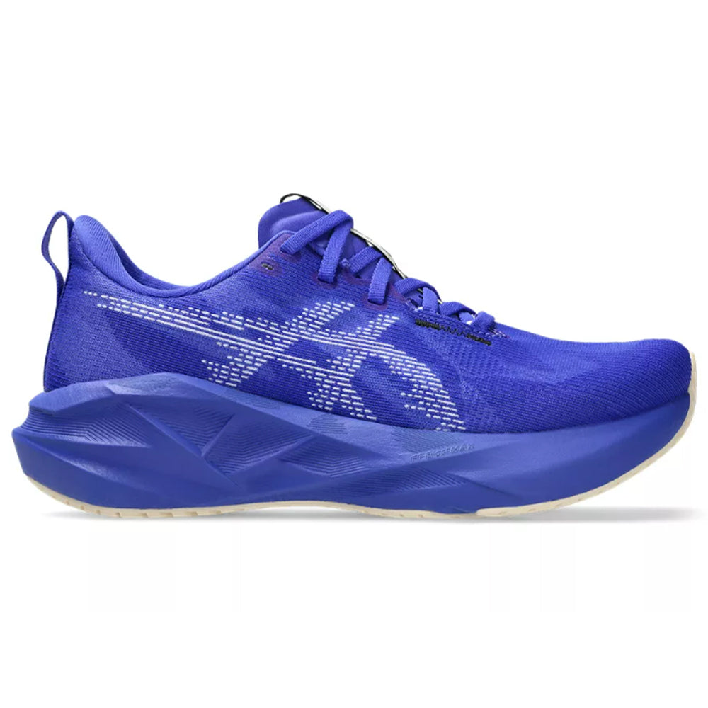 Side view on white background of Womens Asics Novablast running shoe in Cobalt Burst/White, Medium (Regular) width