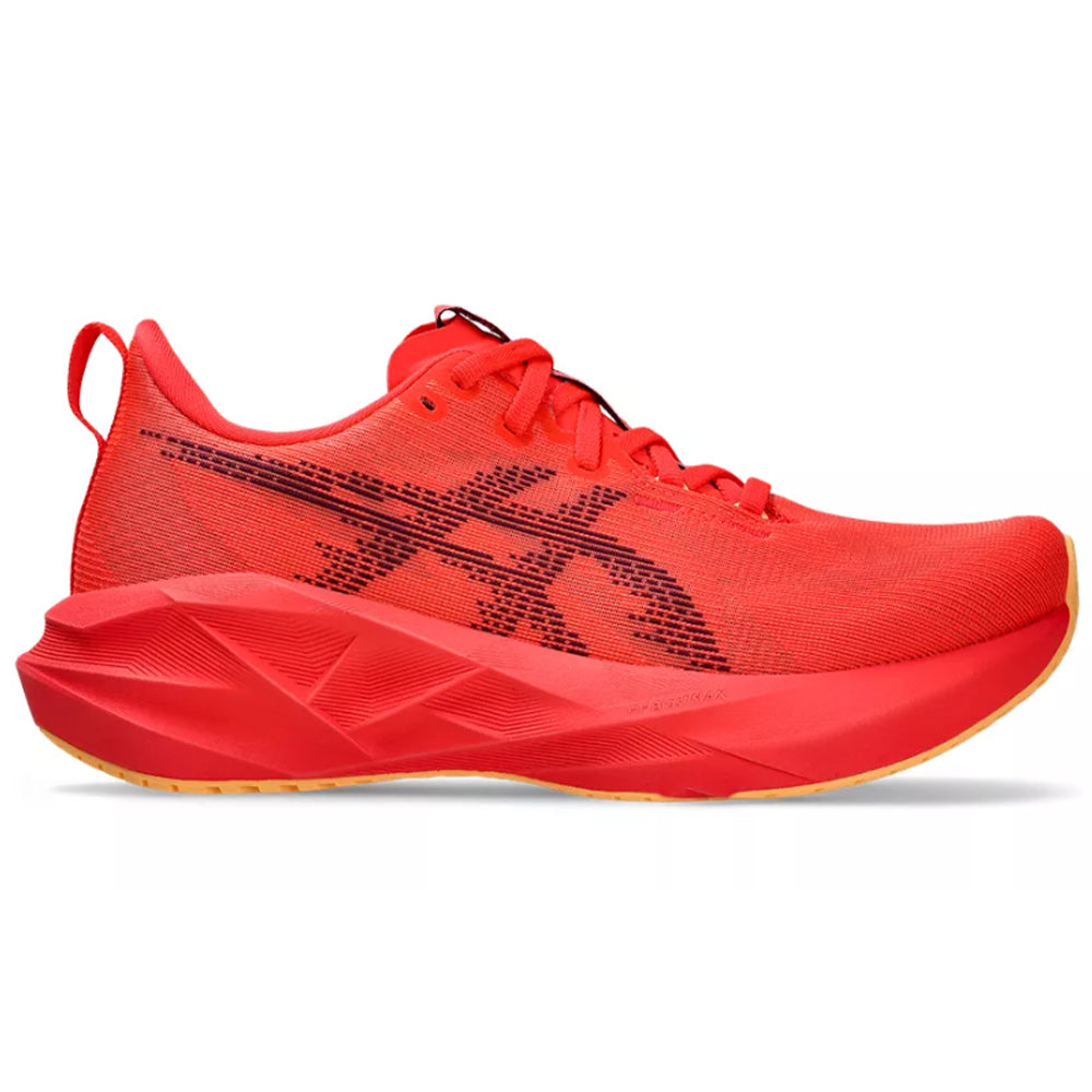 Side view on white background of Womens Asics Novablast running shoe in Flash Red/Edo Purple, Medium (Regular) width