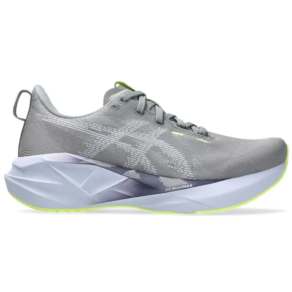 Side view on white background of Womens Asics Novablast running shoe in Gravel/Blue Fade, Medium (Regular) width