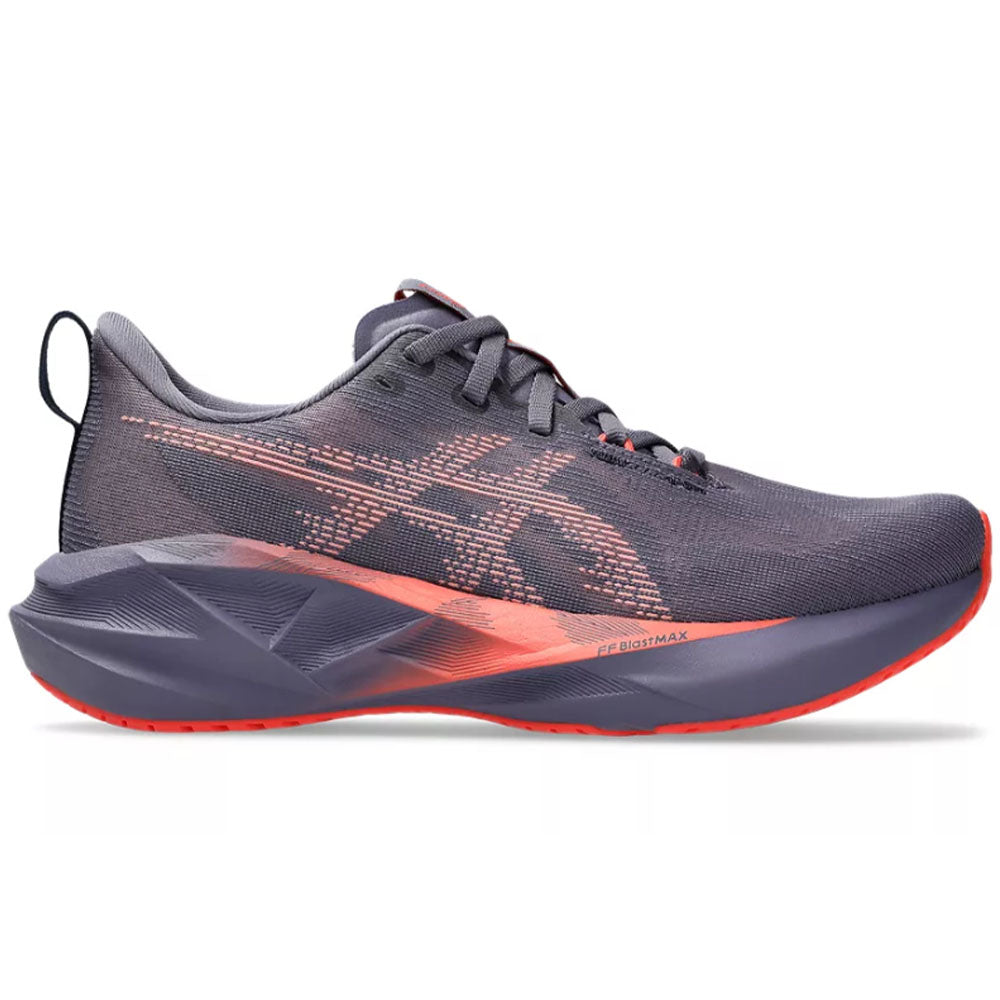 Side view on white background of Womens Asics Novablast running shoe in Greyish Purple/Coral Reef, Medium (Regular) width
