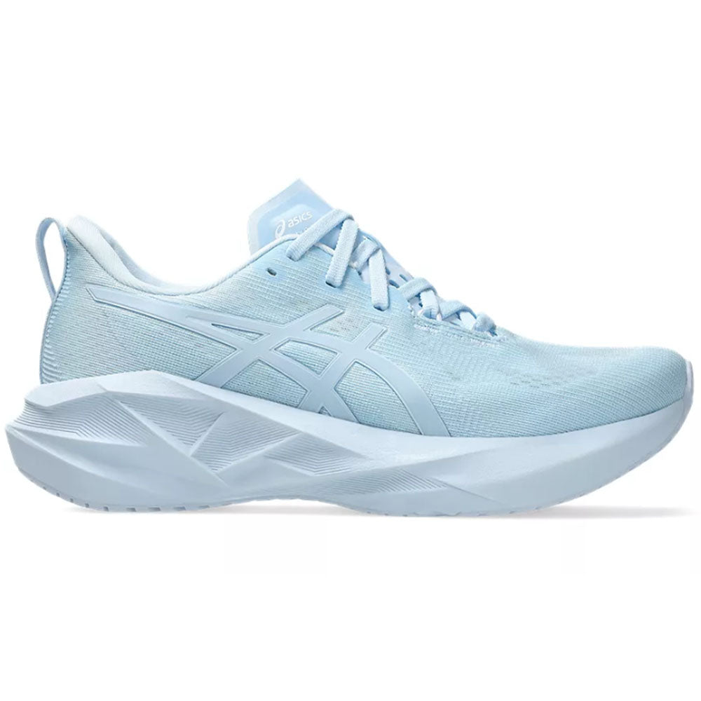 Side view on white background of Womens Asics Novablast running shoe in Lite-Show/Light Blue, Medium (Regular) width