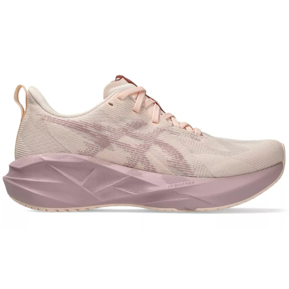 Side view on white background of Womens Asics Novablast running shoe in Pearl Pink/Morganite, Medium (Regular) width