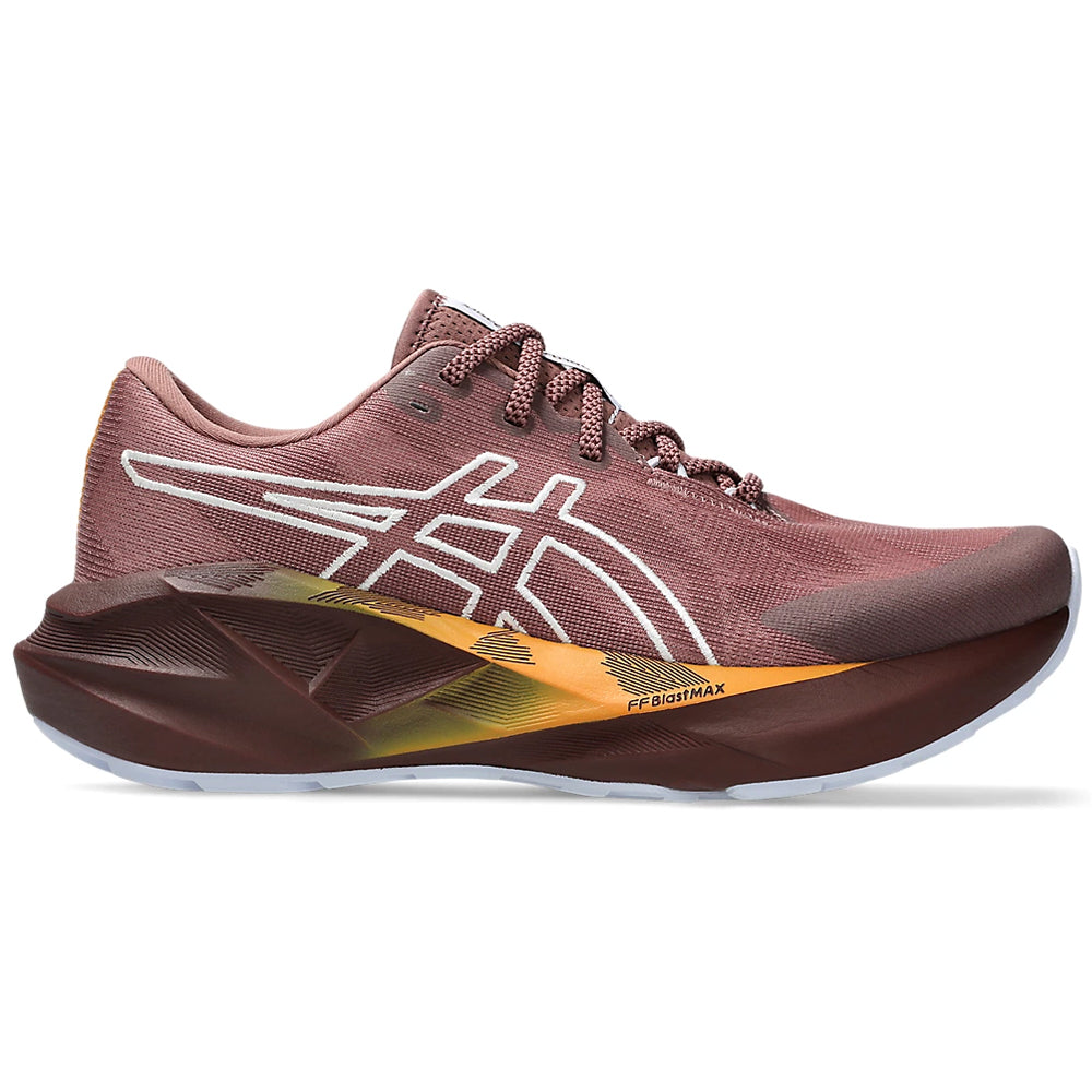 Side view on white background of Womens Asics Novablast running shoe in Nature Bathing/Rubble Red, Medium (Regular) width