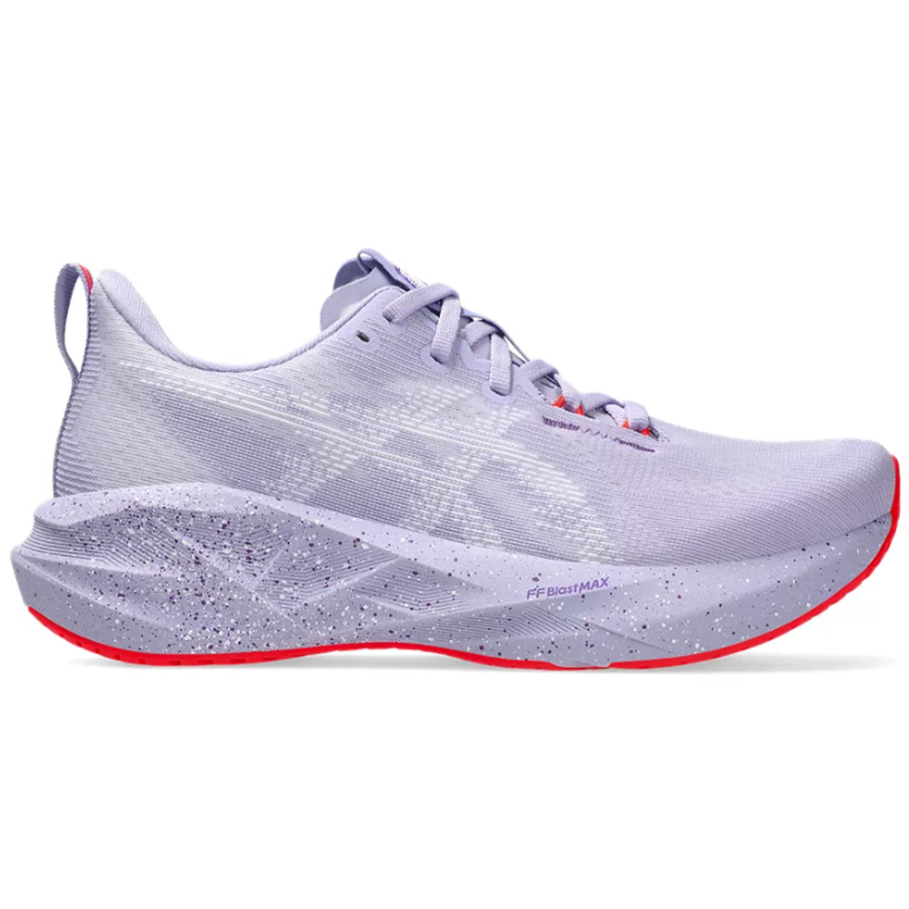 Side view on white background of Womens Asics Novablast running shoe in Vapor/Edo Purple, Medium (Regular) width