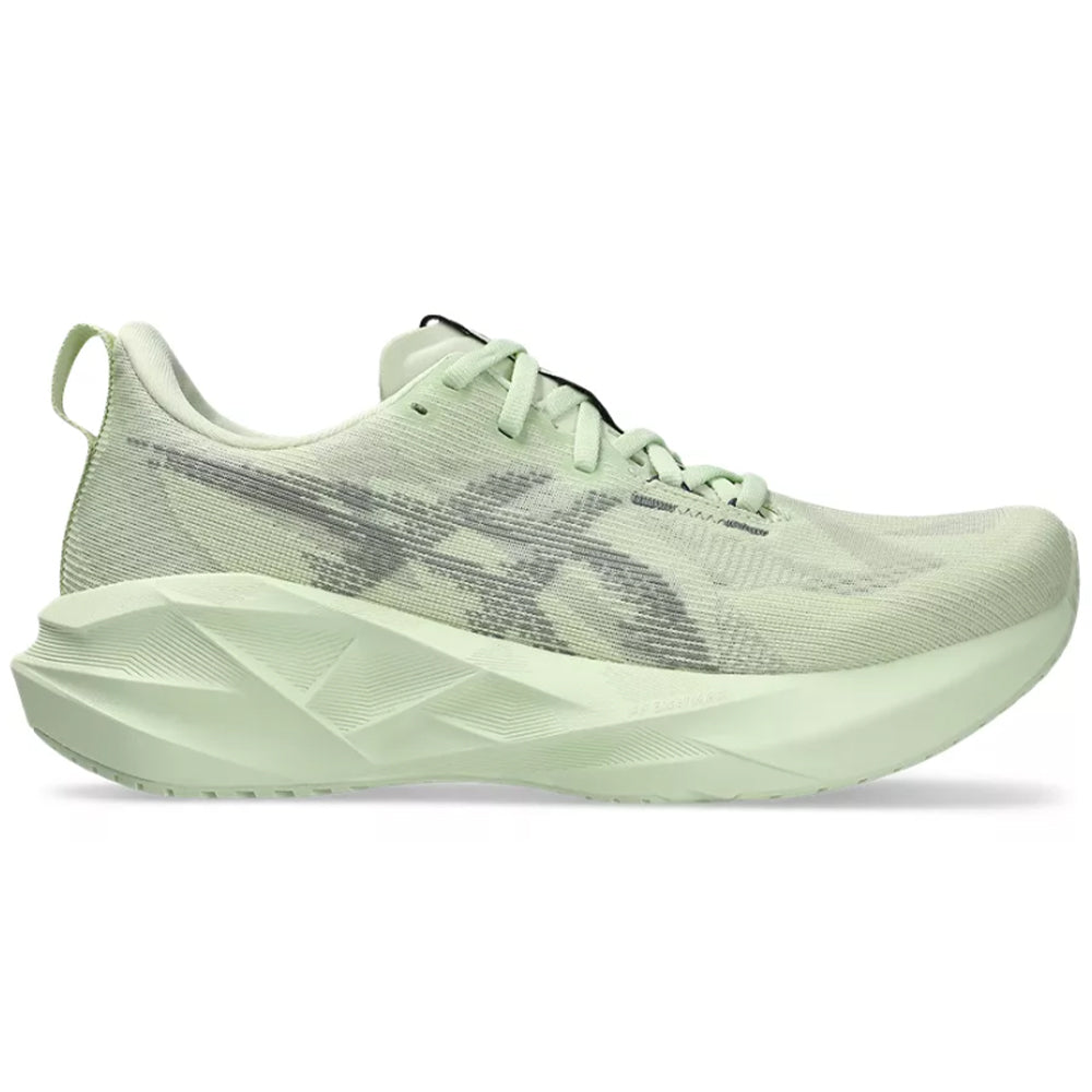 Side view on white background of Womens Asics Novablast running shoe in Whisper Green/Monument Blue, Medium (Regular) width