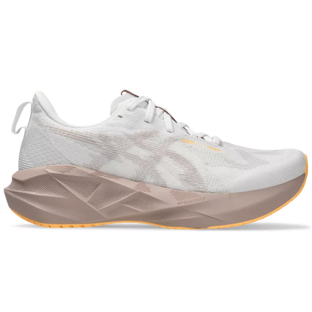 Side view on white background of Womens Asics Novablast running shoe in White/Fawn, Wide width