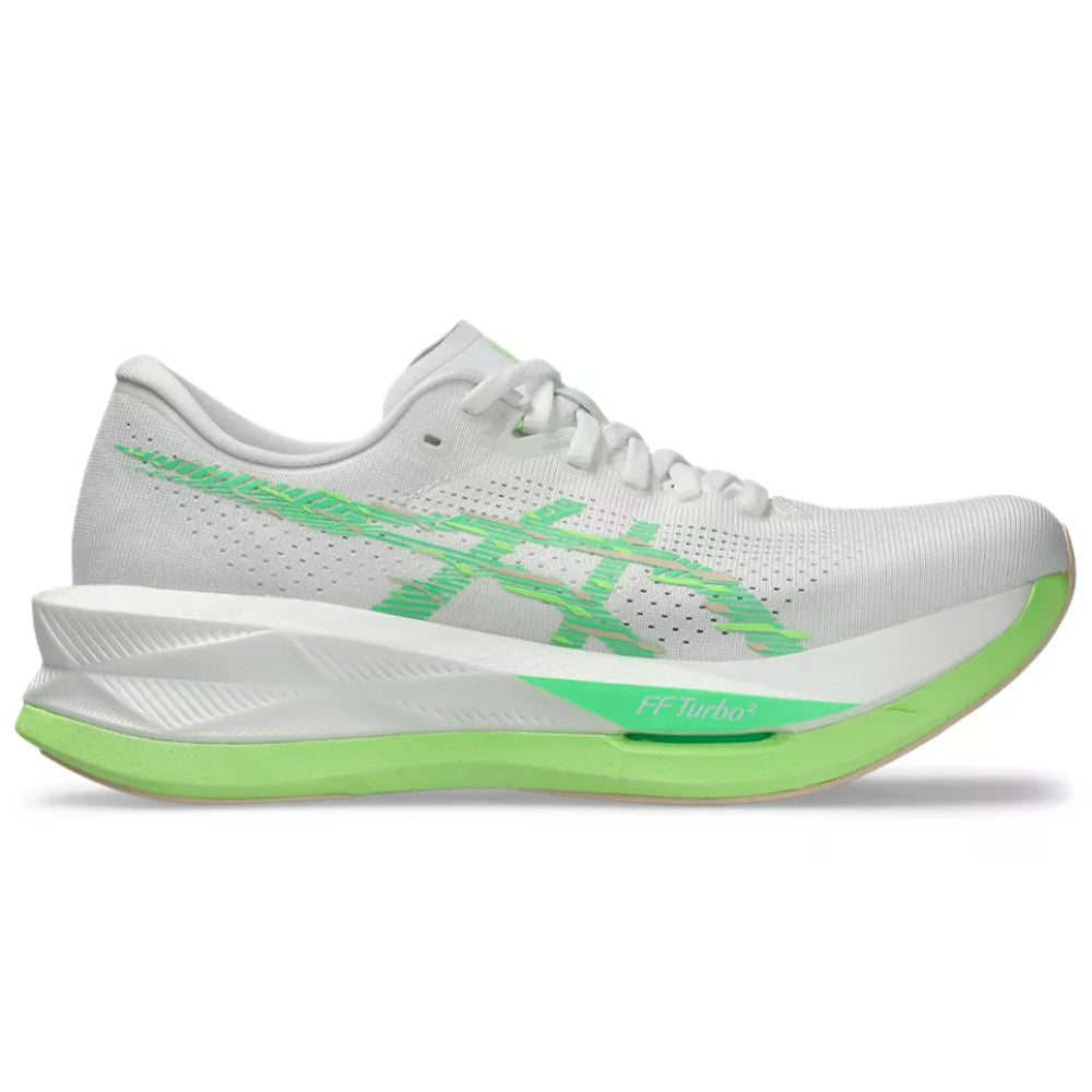 Side view on white background of Womens Asics Sonicblast running shoe in White/Vital Green, Medium (Regular) width