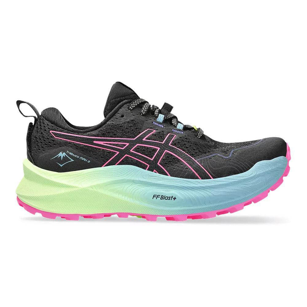 Side view on white background of Womens Asics Trabuco running shoe in Black/Hot Pink, Medium (Regular) width