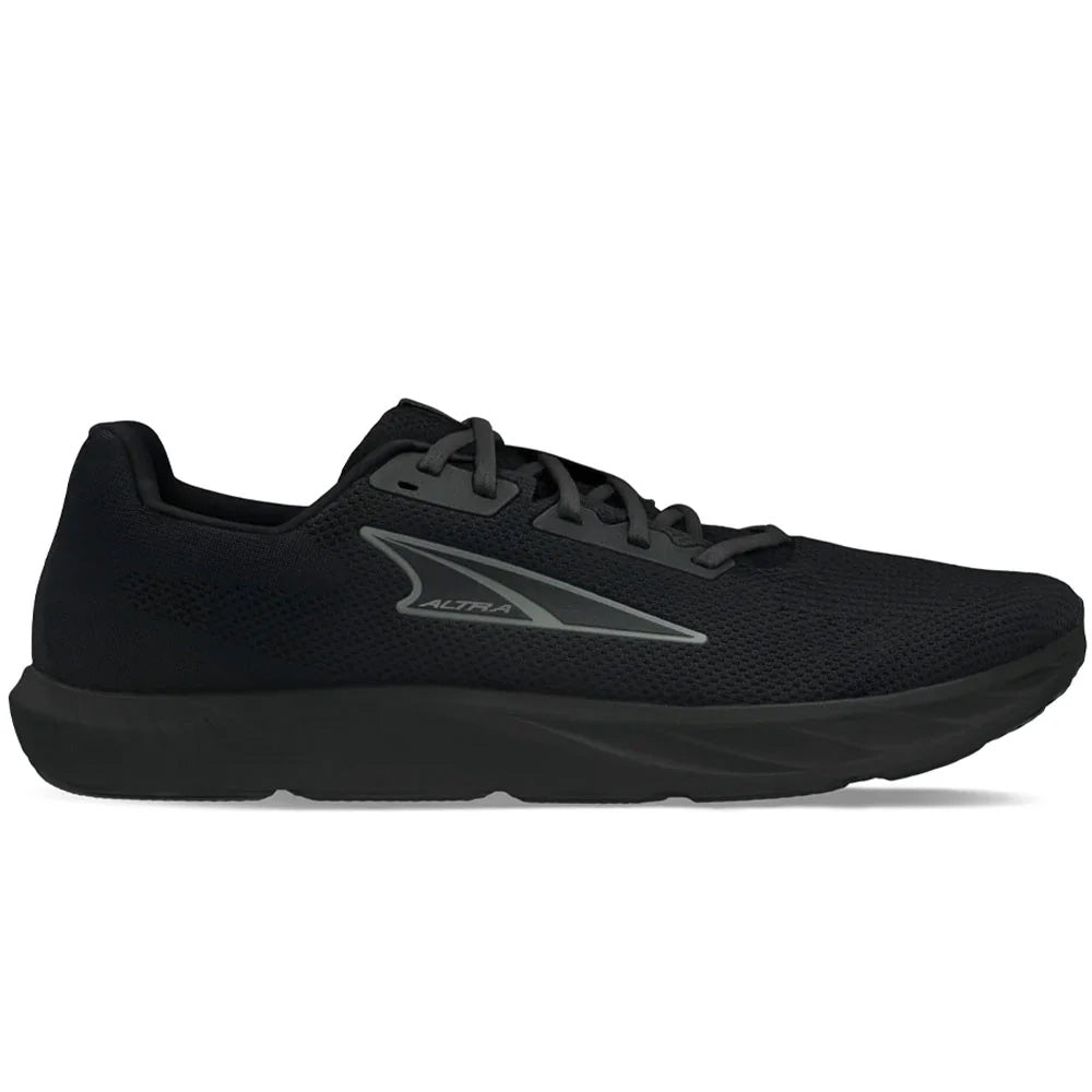 Side view on white background of Womens Altra Escalante running shoe in Black/Black, Medium (Regular) width
