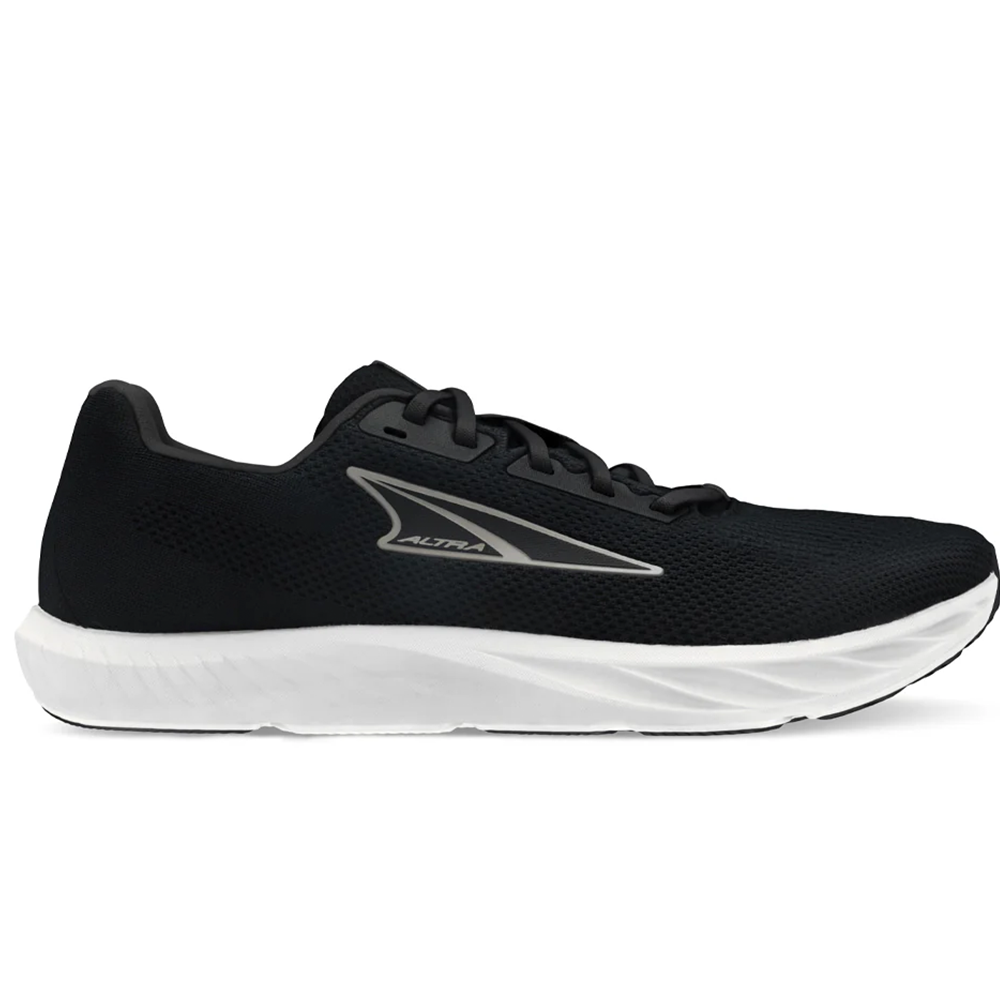 Side view on white background of Womens Altra Escalante running shoe in Black, Medium (Regular) width