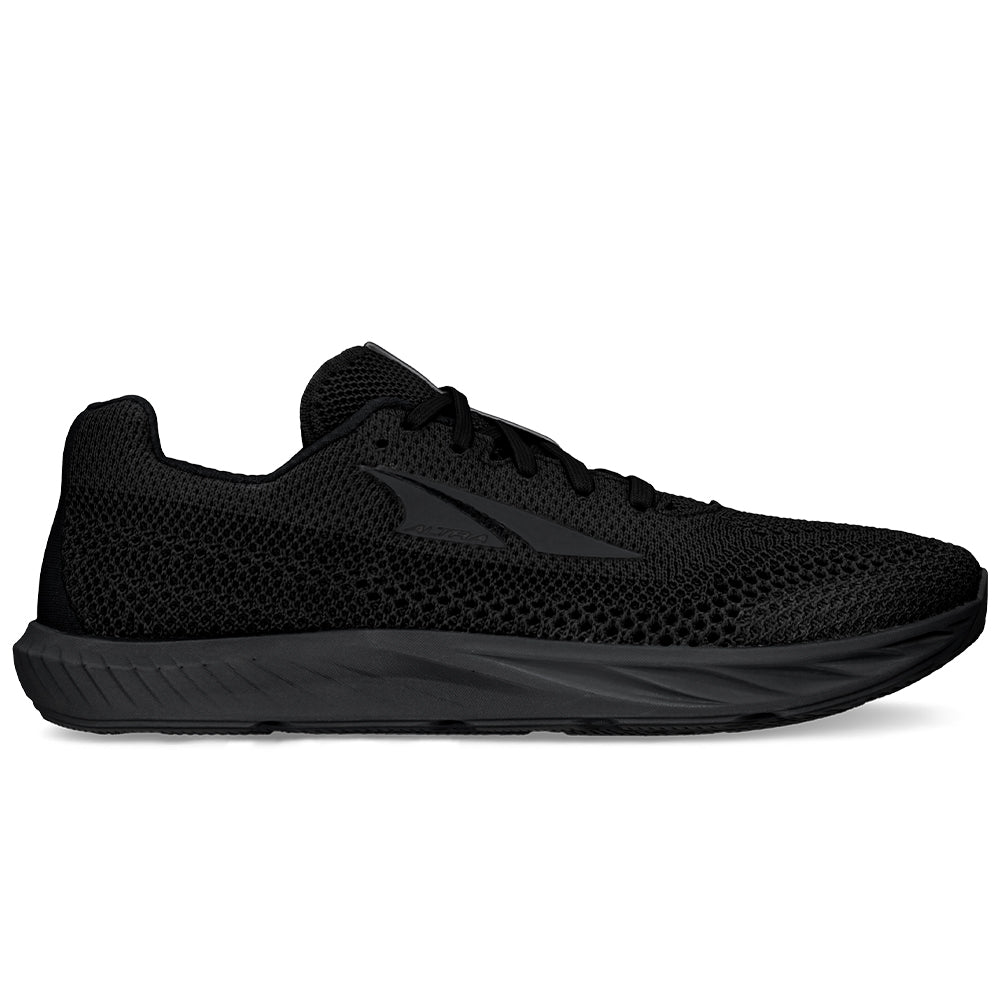 Side view on white background of Womens Altra Escalante Racer running shoe in Black/Black, Medium (Regular) width