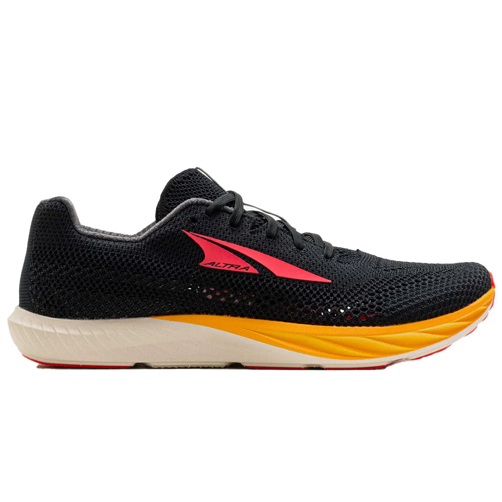 Side view on white background of Womens Altra Escalante Racer running shoe in Black, Medium (Regular) width