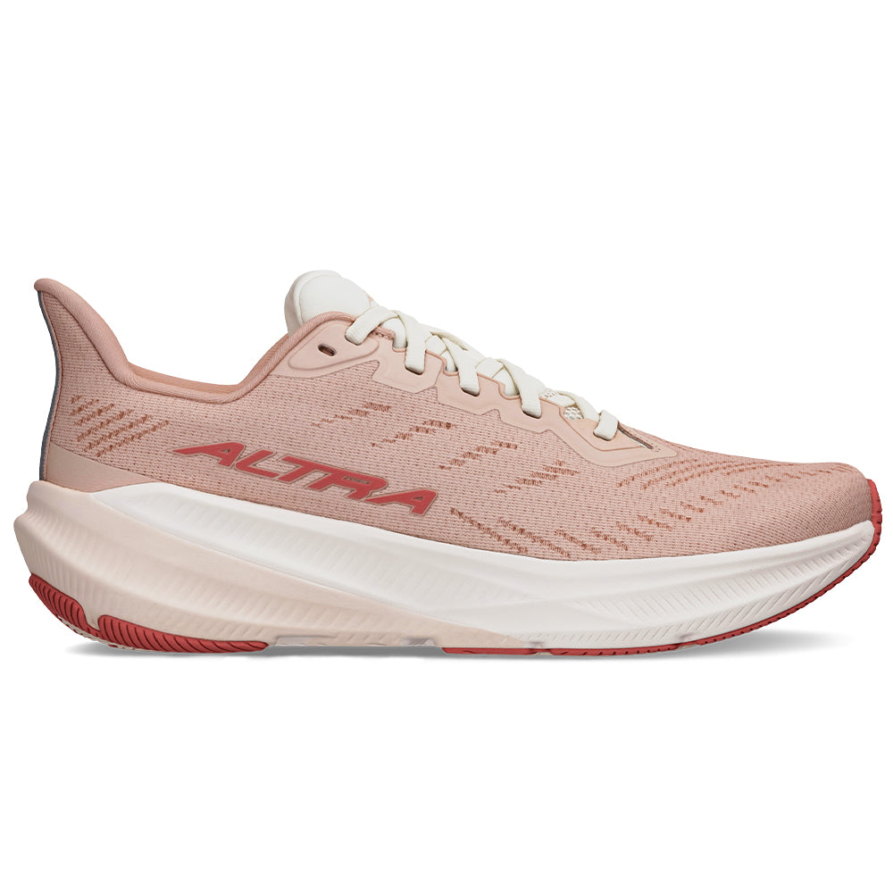 Side view on white background of Womens Altra Experience Flow 2 running shoe in Dusty Pink, Medium (Regular) width
