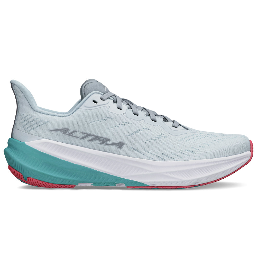 Side view on white background of Womens Altra Experience Flow 2 running shoe in Gray/Teal, Medium (Regular) width