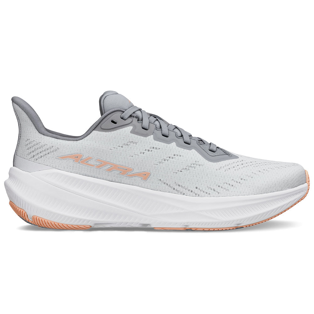 Side view on white background of Womens Altra Experience running shoe in Gray, Medium (Regular) width