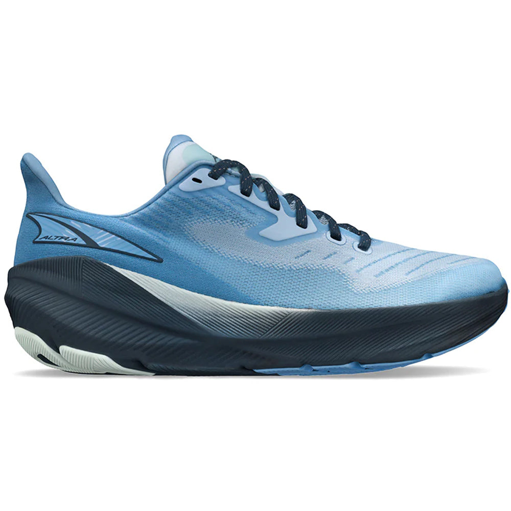 Side view on white background of Womens Altra Experience running shoe in Light Blue, Medium (Regular) width